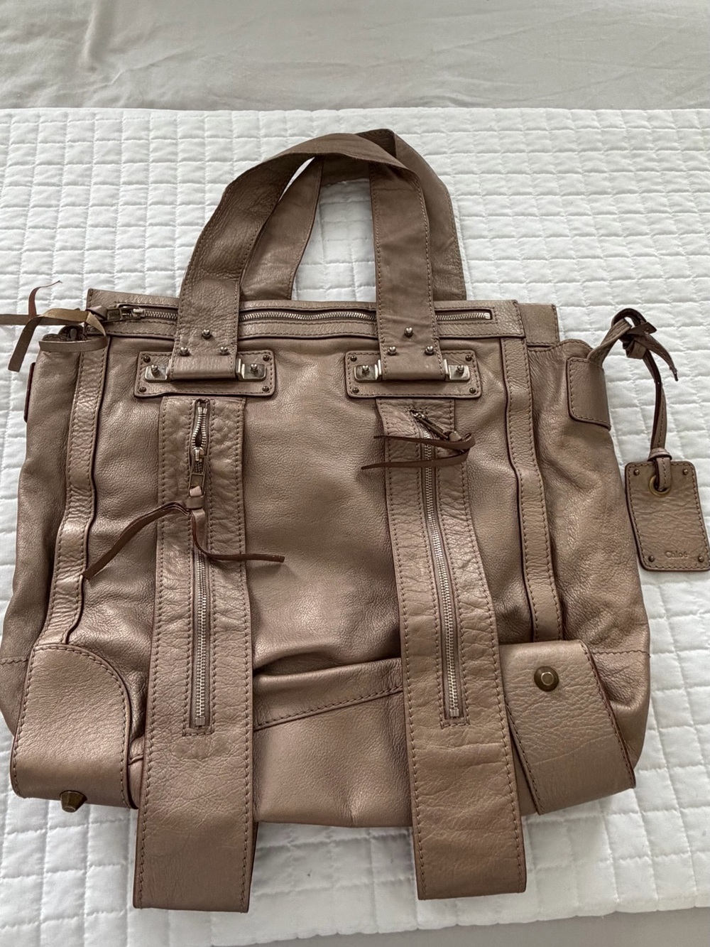 Chloé Taupe Leather Tote with Front Zips and Double Handles